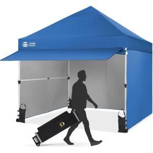 imageCROWN SHADES 10x10 Commercial Pop Up Canopy Tent with 4 Removable Sidewalls 1 Extended Awning 2 4quot Wheels4 Sandbags 1 400D Fabric Top 4 Adjustable Heights for Outdoor Events Parties BlueBlue