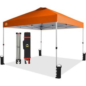 imageCROWN SHADES 10x10 Pop Up Canopy  Beach Tent with One Push Setup  Outdoor Sun Shade for Events Parties Camping  Gazebo with STONGo Cover Bag Silver Coated Top 3 Heightampamp 4 Sand Bags CoffeeOrange