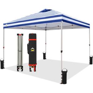 imageCROWN SHADES 10x10 Pop Up Canopy  Beach Tent with One Push Setup  Outdoor Sun Shade for Events Parties Camping  Gazebo with STONGo Cover Bag Silver Coated Top 3 Heightampamp 4 Sand Bags CoffeeNavy Blue Stripes