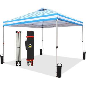 imageCROWN SHADES 10x10 Pop Up Canopy  Beach Tent with One Push Setup  Outdoor Sun Shade for Events Parties Camping  Gazebo with STONGo Cover Bag Silver Coated Top 3 Heightampamp 4 Sand Bags CoffeeSky Blue Stripes