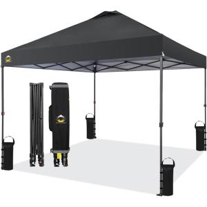 imageCROWN SHADES 10x10 Pop Up Canopy Tent  Patented Center Lock One Push Instant Outdoor Canopy Beach Tent with STONGo Bag 8 Stakes ampamp 4 Sand BagsBlack10x10 Adjustable