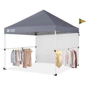 imageCROWN SHADES 10x10 Pop Up Canopy Tent with 1 Comercial Kit Instant Commercial Tent with Patended Centerlock 400D Silver Coated Fabric 1 Sidewall 4quot Wheels StoN Go BagWhiteGray