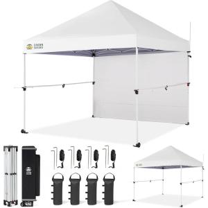 imageCROWN SHADES 10x10 Pop Up Canopy Tent with 1 Comercial Kit Instant Commercial Tent with Patended Centerlock 400D Silver Coated Fabric 1 Sidewall 4quot Wheels StoN Go BagWhiteWhite