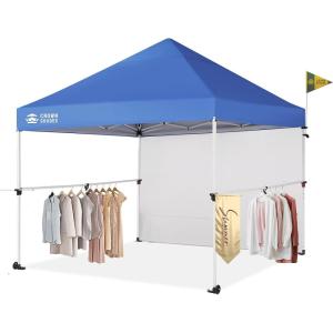 imageCROWN SHADES 10x10 Pop Up Canopy Tent with 1 Comercial Kit Instant Commercial Tent with Patended Centerlock 400D Silver Coated Fabric 1 Sidewall 4quot Wheels StoN Go BagWhiteBlue