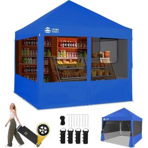 imageCROWN SHADES 10x10 Pop Up Canopy Tent with 4 Mosquito Netting Instant Commercial Tent with 1Person Setup Patended Centerlock 400D Silver Coated Fabric 4quot Wheels StoN Go BagBlue