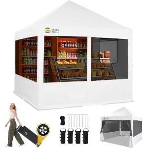 imageCROWN SHADES 10x10 Pop Up Canopy Tent with 4 Mosquito Netting Instant Commercial Tent with 1Person Setup Patended Centerlock 400D Silver Coated Fabric 4quot Wheels StoN Go BagWhite