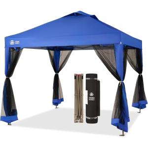 imageCROWN SHADES Gazebo 10x10 Pop Up Canopy with Mosquito Netting Screen Tent with 4 Ropes 8 Stakes 4 Sandbags and Wheeled Storage Bag Canopy for Patio ampamp Backyard BeigeBlue