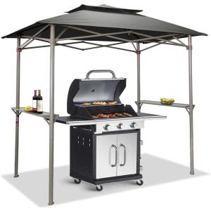 imageCrown Shades 8x5 Grill Gazebo  Pop Up Canopy for BBQ and Backyard Patio  Easy Outdoor Barbecue Shade Cover with Double Tier Vented Top ampamp 2 Side Shelves Grey