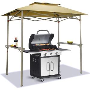 imageCrown Shades 8x5 Grill Gazebo  Pop Up Canopy for BBQ and Backyard Patio  Easy Outdoor Barbecue Shade Cover with Double Tier Vented Top ampamp 2 Side Shelves Beige