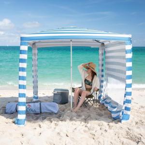 imageCROWN SHADES Beach Cabana 65 x 65 Umbrella Canopy Tent Easy Pop Up  Beach Cabanas for Sand  UPF50 Protection with Sidewall and More Pockets Navy BlueSky Blue