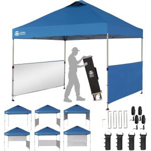 imageCROWN SHADES 10x10 Pop up Canopy Tent Instant Canopy with 150D Silver Coated Fabric Including 2 Half Sidewalls 4 Ropes 8 Stakes 4 Weight Bags STO N Go Bag WhiteBlue