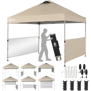 imageCROWN SHADES 10x10 Pop up Canopy Tent Instant Canopy with 150D Silver Coated Fabric Including 2 Half Sidewalls 4 Ropes 8 Stakes 4 Weight Bags STO N Go Bag WhiteBeige