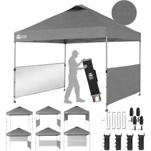 imageCROWN SHADES 10x10 Pop up Canopy Tent Instant Canopy with 150D Silver Coated Fabric Including 2 Half Sidewalls 4 Ropes 8 Stakes 4 Weight Bags STO N Go Bag WhiteGrid Gray