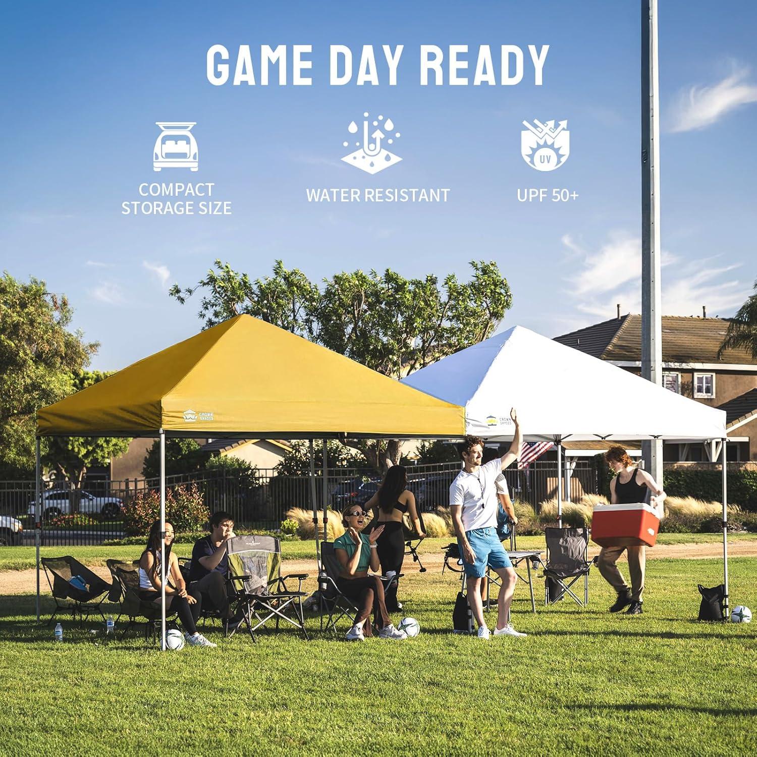 imageCROWN SHADES 10x10 Pop Up Canopy  Beach Tent with One Push Setup  Easy Outdoor Sun Shade for Events Parties Camping  Gazebo with STONGo Cover Bag Silver Coated Top Cyan Blue StripesYellow