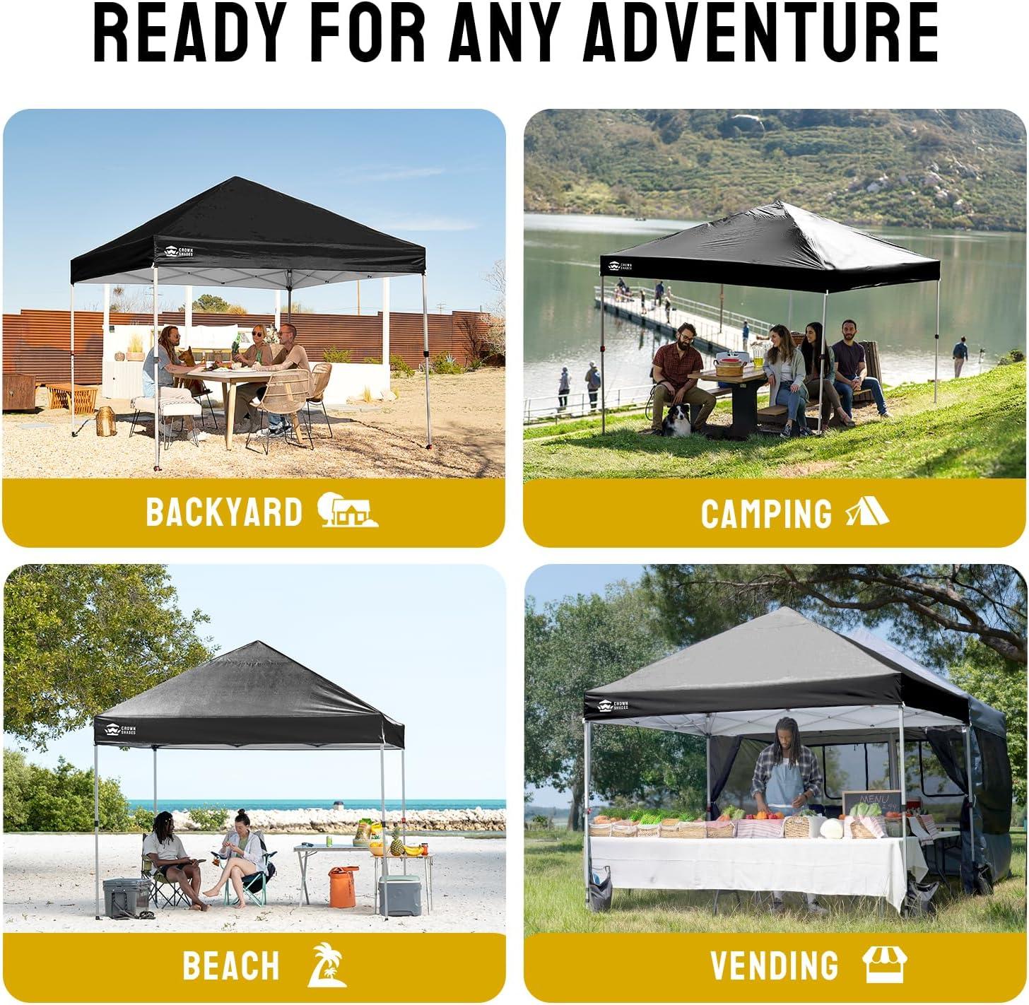 imageCROWN SHADES 10x10 Pop Up Canopy  Beach Tent with One Push Setup  Easy Outdoor Sun Shade for Events Parties Camping  Gazebo with STONGo Cover Bag Silver Coated Top Cyan Blue StripesBlack