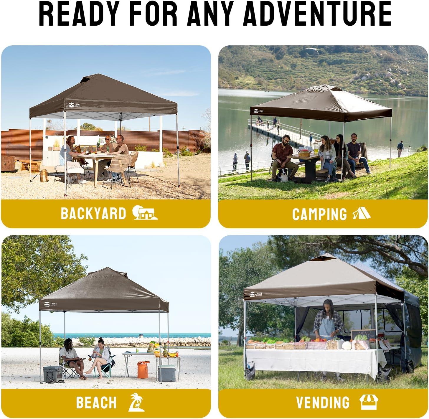 imageCROWN SHADES 10x10 Pop Up Canopy  Beach Tent with One Push Setup  Easy Outdoor Sun Shade for Events Parties Camping  Gazebo with STONGo Cover Bag Silver Coated Top Cyan Blue StripesCoffee