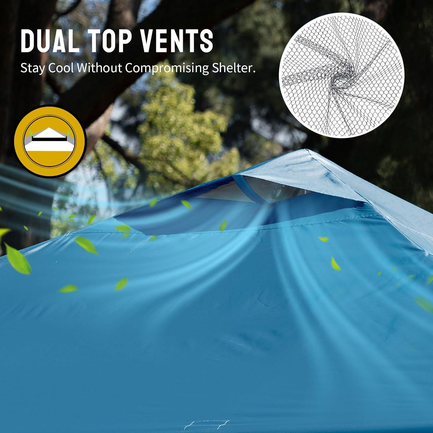 imageCROWN SHADES 10x10 Pop Up Canopy  Beach Tent with One Push Setup  Easy Outdoor Sun Shade for Events Parties Camping  Gazebo with STONGo Cover Bag Silver Coated Top Cyan Blue StripesCyan Blue