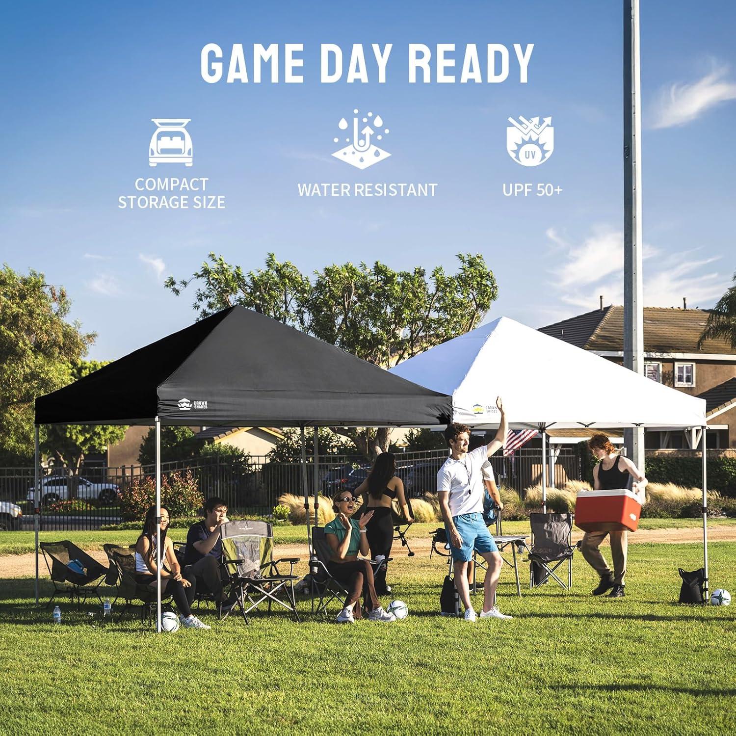 imageCROWN SHADES 10x10 Pop Up Canopy  Beach Tent with One Push Setup  Easy Outdoor Sun Shade for Events Parties Camping  Gazebo with STONGo Cover Bag Silver Coated Top Cyan Blue StripesBlack