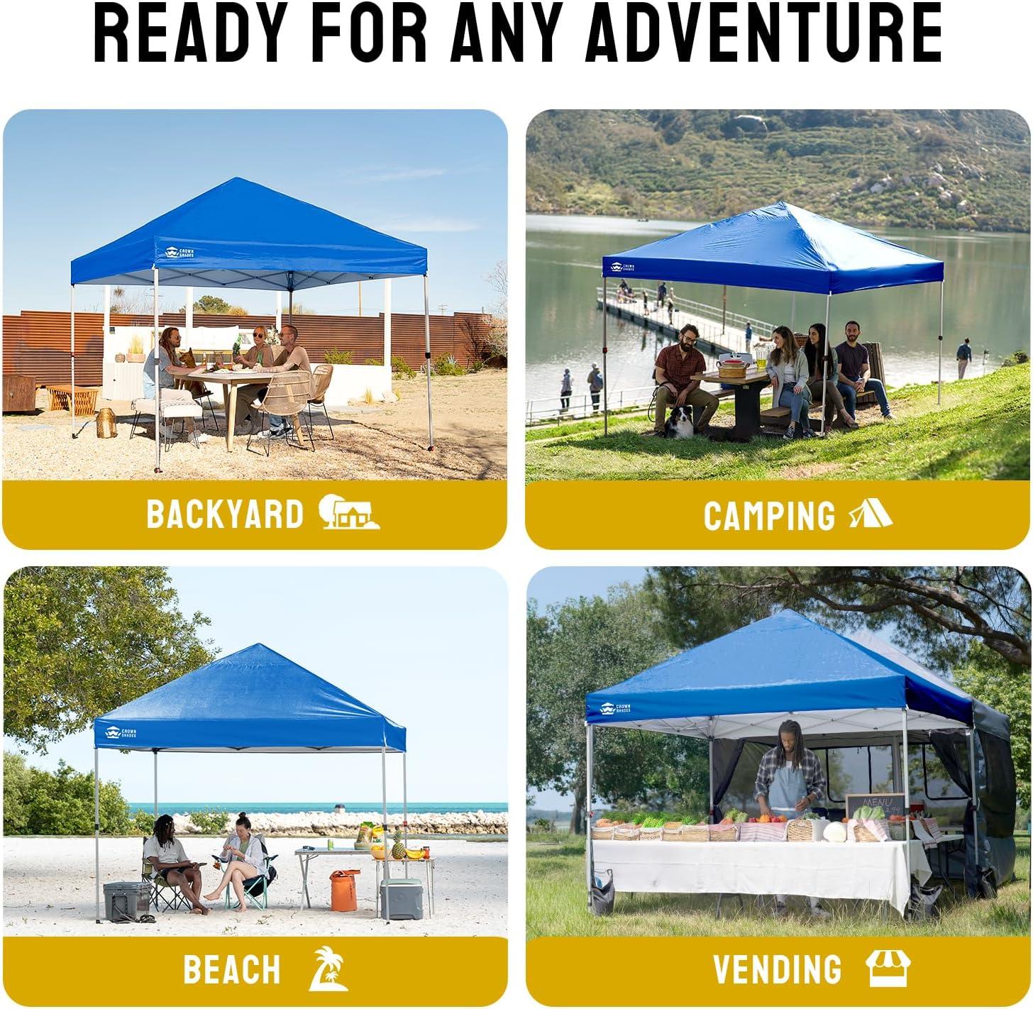 imageCROWN SHADES 10x10 Pop Up Canopy  Beach Tent with One Push Setup  Easy Outdoor Sun Shade for Events Parties Camping  Gazebo with STONGo Cover Bag Silver Coated Top Cyan Blue StripesBlue