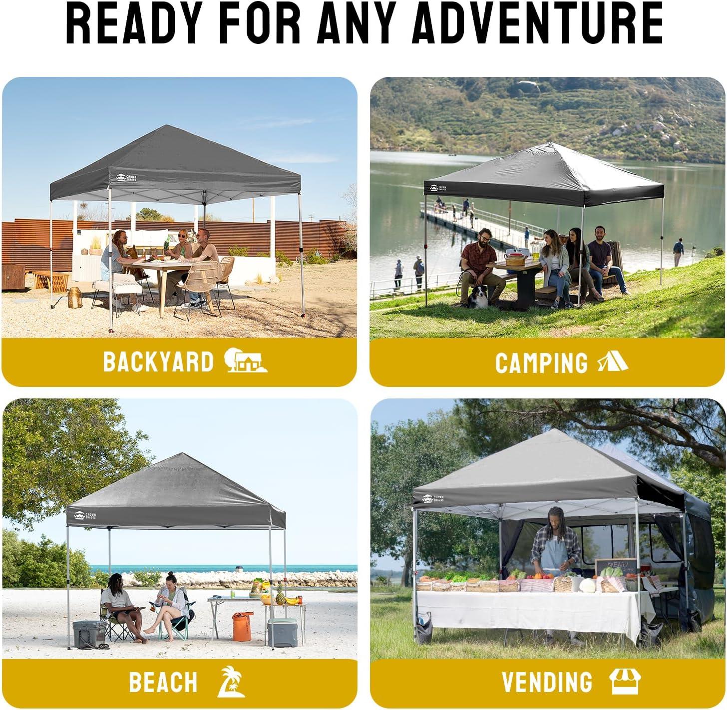 imageCROWN SHADES 10x10 Pop Up Canopy  Beach Tent with One Push Setup  Easy Outdoor Sun Shade for Events Parties Camping  Gazebo with STONGo Cover Bag Silver Coated Top Cyan Blue StripesGrid Grey