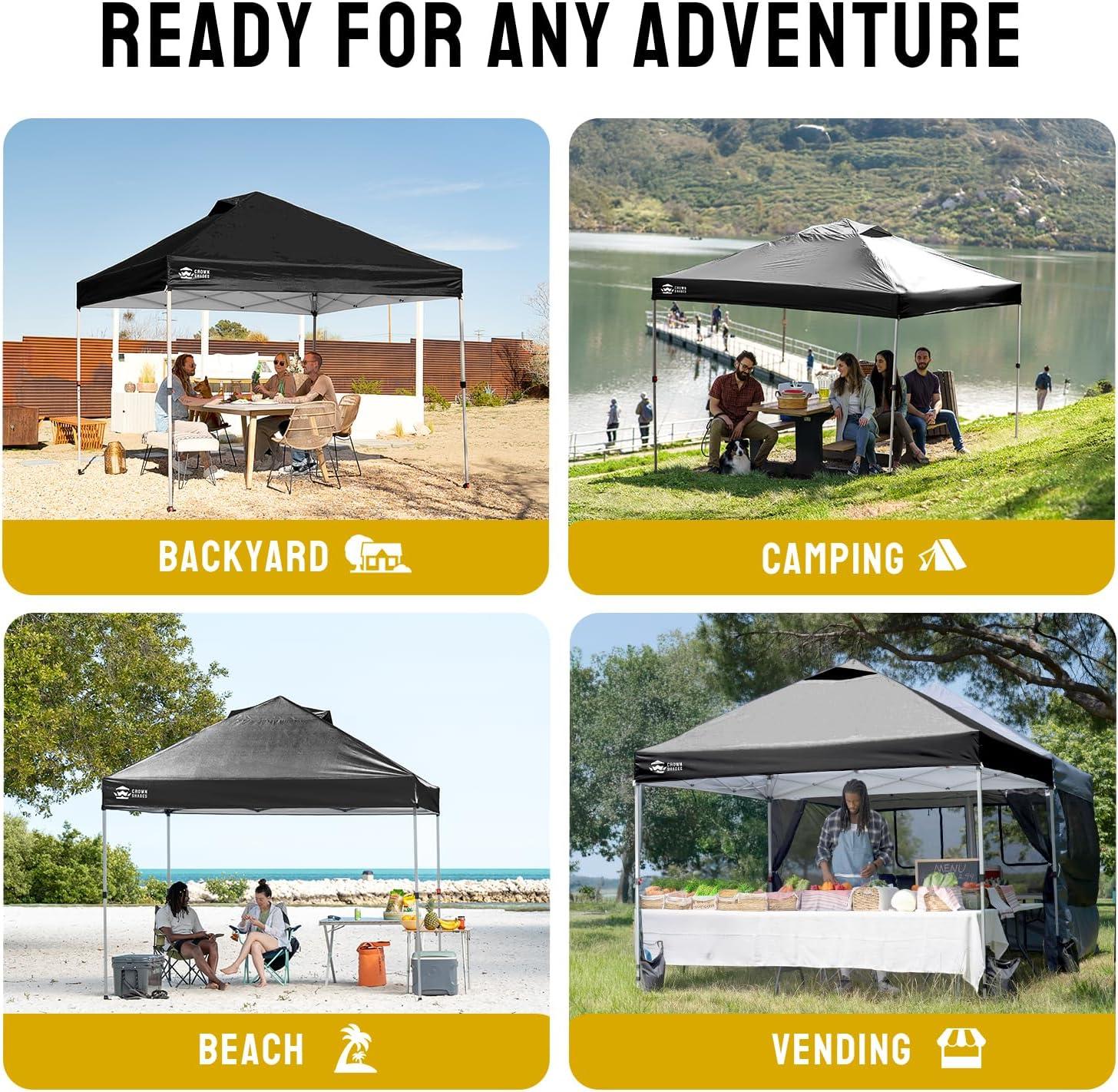imageCROWN SHADES 10x10 Pop Up Canopy  Beach Tent with One Push Setup  Easy Outdoor Sun Shade for Events Parties Camping  Gazebo with STONGo Cover Bag Silver Coated Top Cyan Blue StripesBlack
