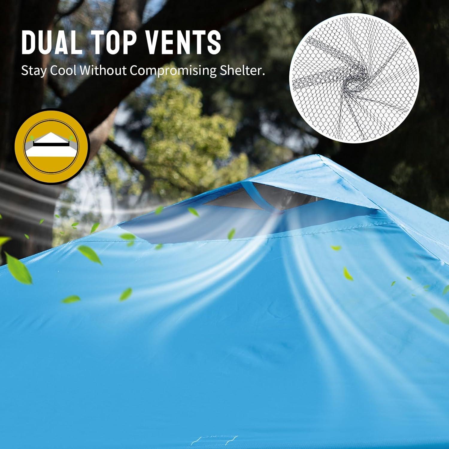 imageCROWN SHADES 10x10 Pop Up Canopy  Beach Tent with One Push Setup  Easy Outdoor Sun Shade for Events Parties Camping  Gazebo with STONGo Cover Bag Silver Coated Top Cyan Blue StripesSky Blue