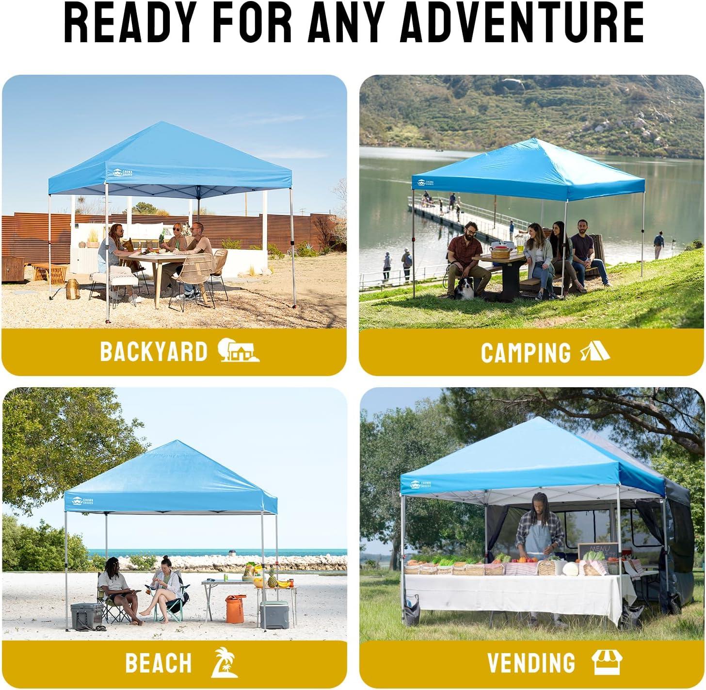 imageCROWN SHADES 10x10 Pop Up Canopy  Beach Tent with One Push Setup  Easy Outdoor Sun Shade for Events Parties Camping  Gazebo with STONGo Cover Bag Silver Coated Top Cyan Blue StripesSky Blue