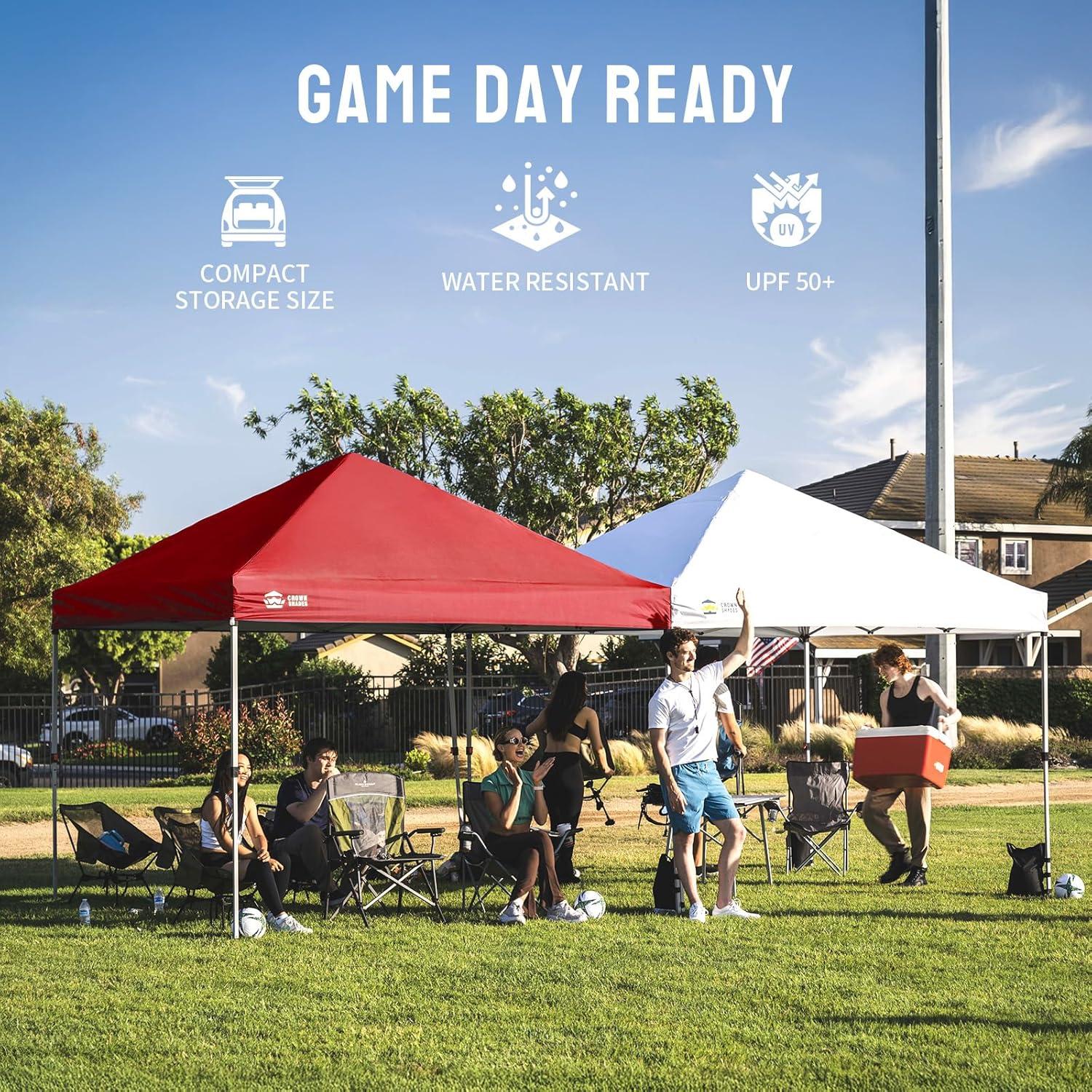 imageCROWN SHADES 10x10 Pop Up Canopy  Beach Tent with One Push Setup  Easy Outdoor Sun Shade for Events Parties Camping  Gazebo with STONGo Cover Bag Silver Coated Top Cyan Blue StripesRed