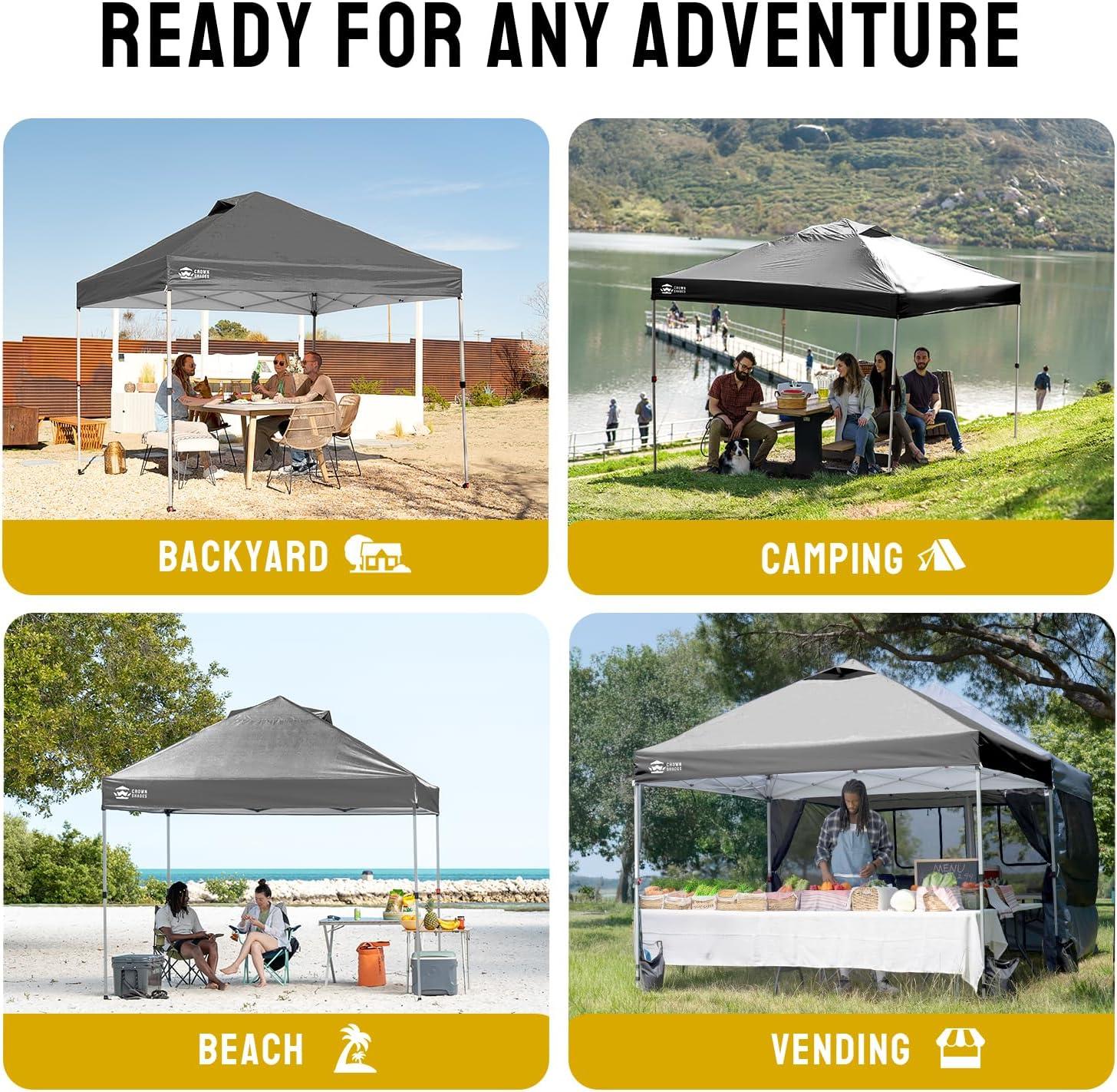 imageCROWN SHADES 10x10 Pop Up Canopy  Beach Tent with One Push Setup  Easy Outdoor Sun Shade for Events Parties Camping  Gazebo with STONGo Cover Bag Silver Coated Top Cyan Blue StripesGrid Grey