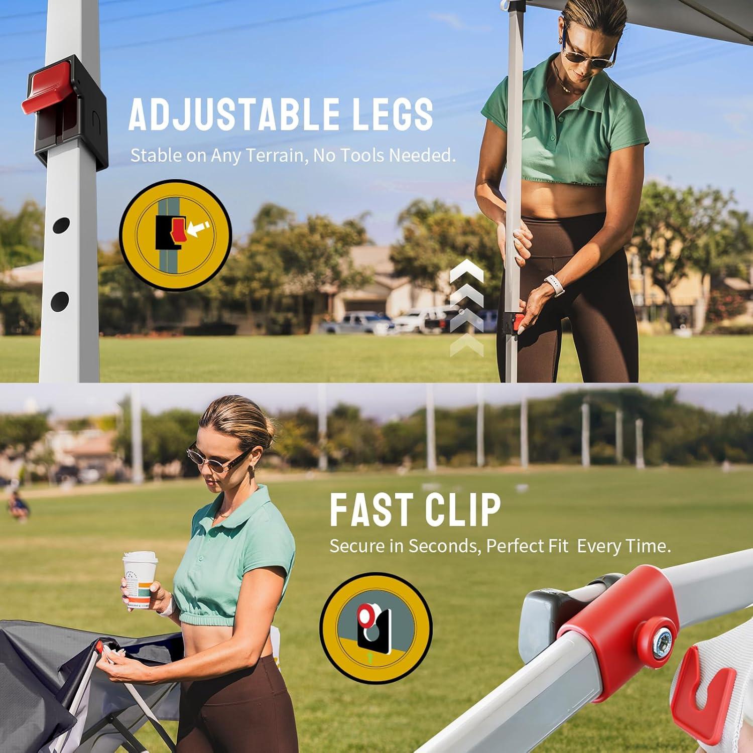 imageCROWN SHADES 10x10 Pop Up Canopy  Beach Tent with One Push Setup  Easy Outdoor Sun Shade for Events Parties Camping  Gazebo with STONGo Cover Bag Silver Coated Top Cyan Blue StripesGrid Grey