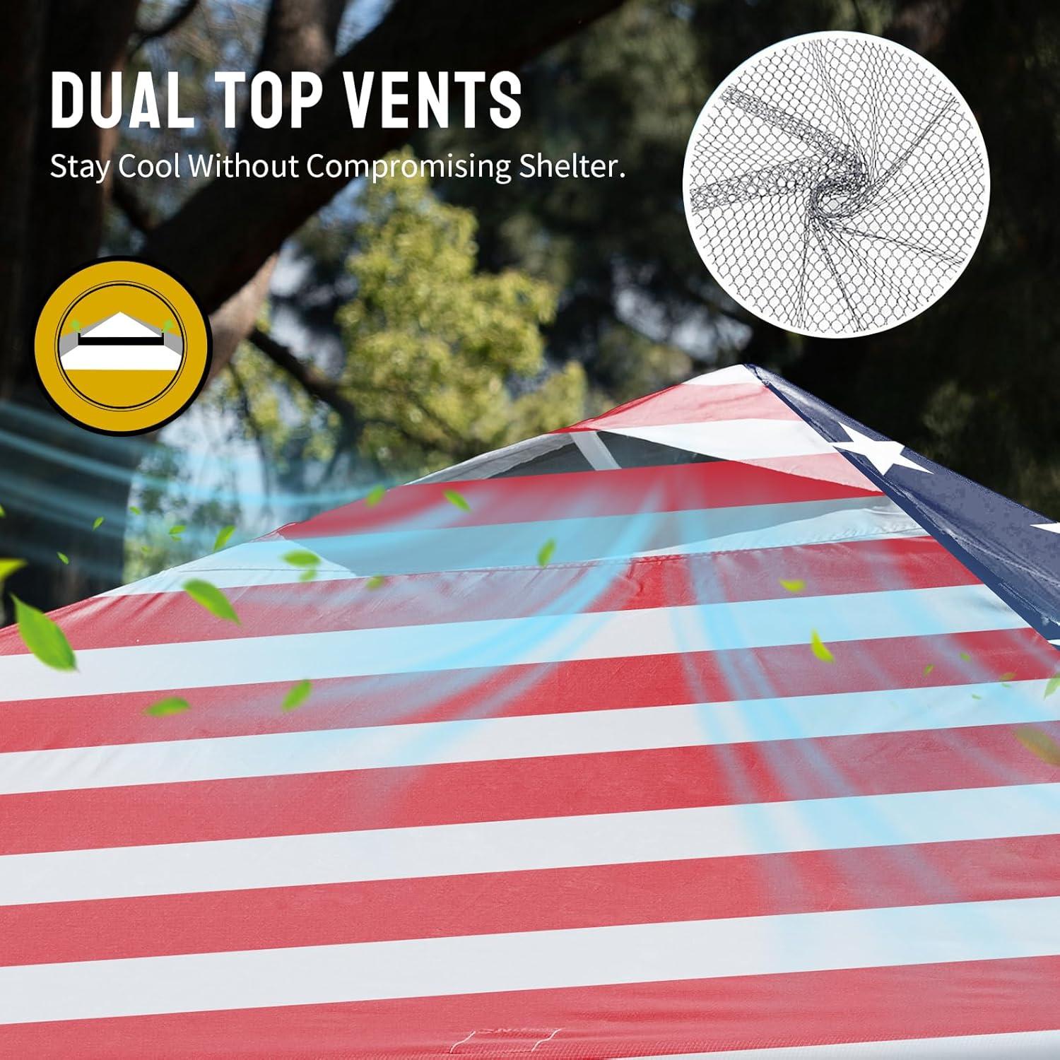 imageCROWN SHADES 10x10 Pop Up Canopy  Beach Tent with One Push Setup  Easy Outdoor Sun Shade for Events Parties Camping  Gazebo with STONGo Cover Bag Silver Coated Top Cyan Blue StripesAmerican Flag