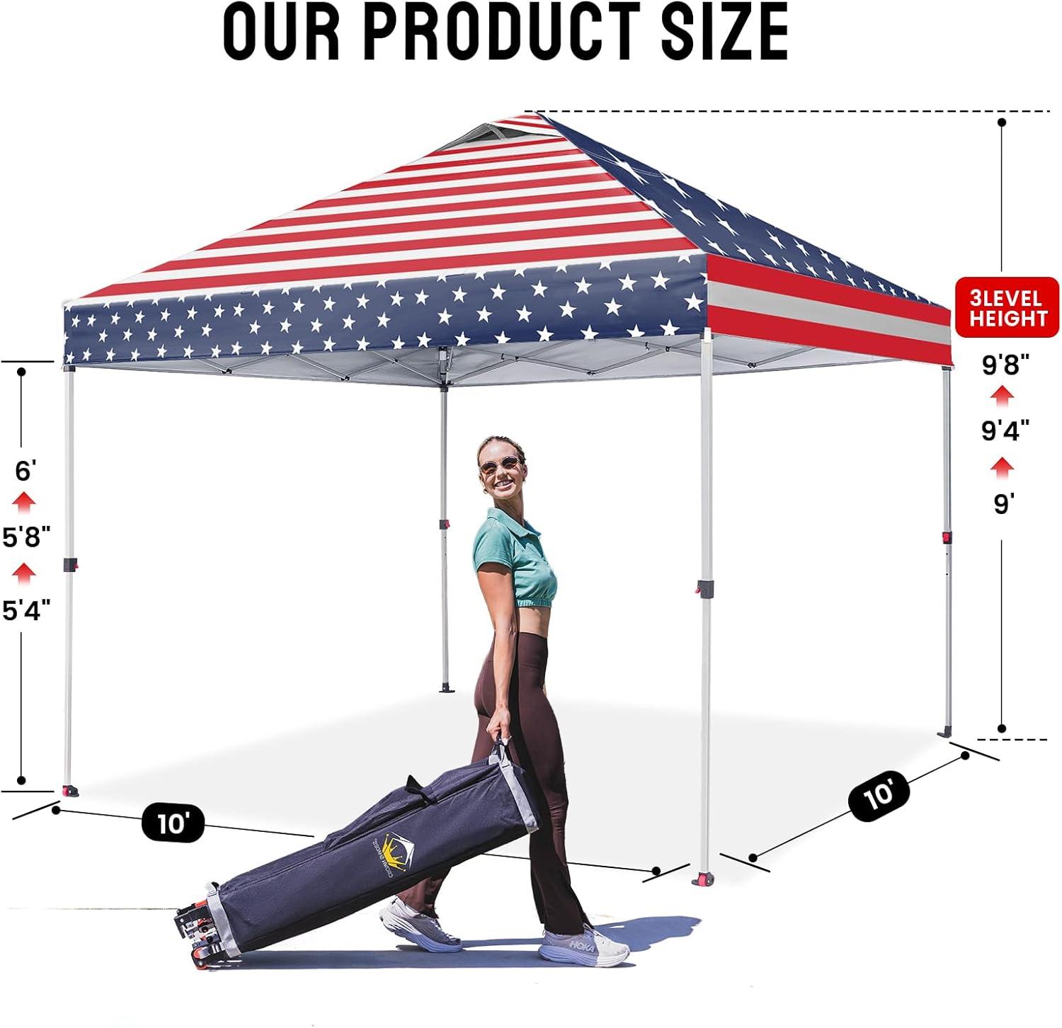 imageCROWN SHADES 10x10 Pop Up Canopy  Beach Tent with One Push Setup  Easy Outdoor Sun Shade for Events Parties Camping  Gazebo with STONGo Cover Bag Silver Coated Top Cyan Blue StripesAmerican Flag