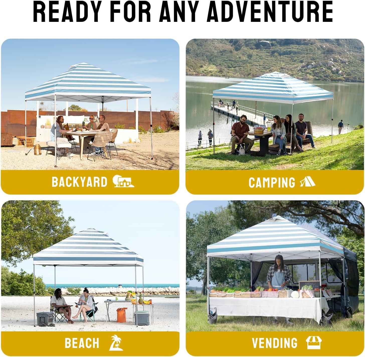 imageCROWN SHADES 10x10 Pop Up Canopy  Beach Tent with One Push Setup  Easy Outdoor Sun Shade for Events Parties Camping  Gazebo with STONGo Cover Bag Silver Coated Top Cyan Blue StripesCyan Blue Stripes