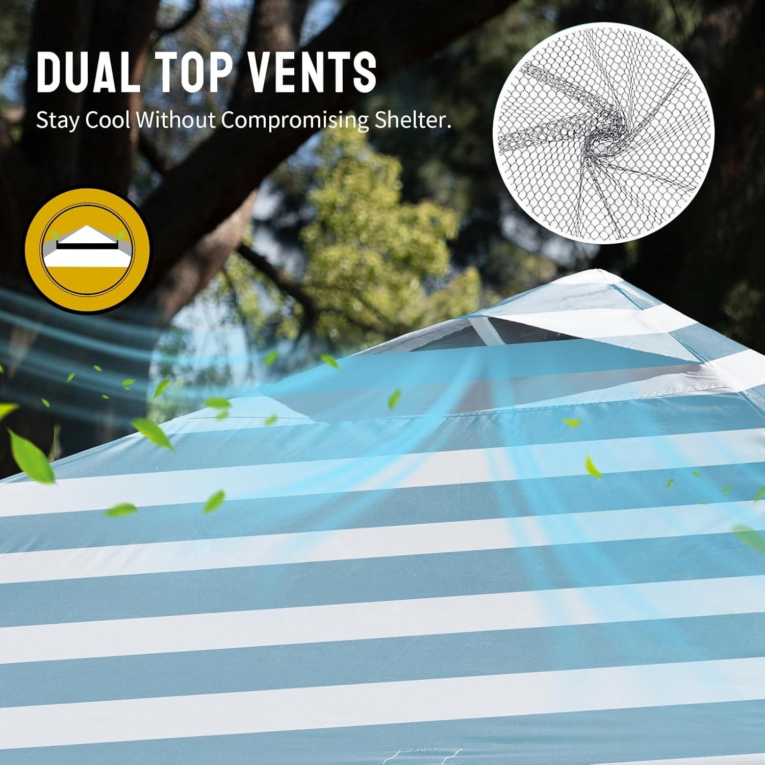 imageCROWN SHADES 10x10 Pop Up Canopy  Beach Tent with One Push Setup  Easy Outdoor Sun Shade for Events Parties Camping  Gazebo with STONGo Cover Bag Silver Coated Top Cyan Blue StripesCyan Blue Stripes