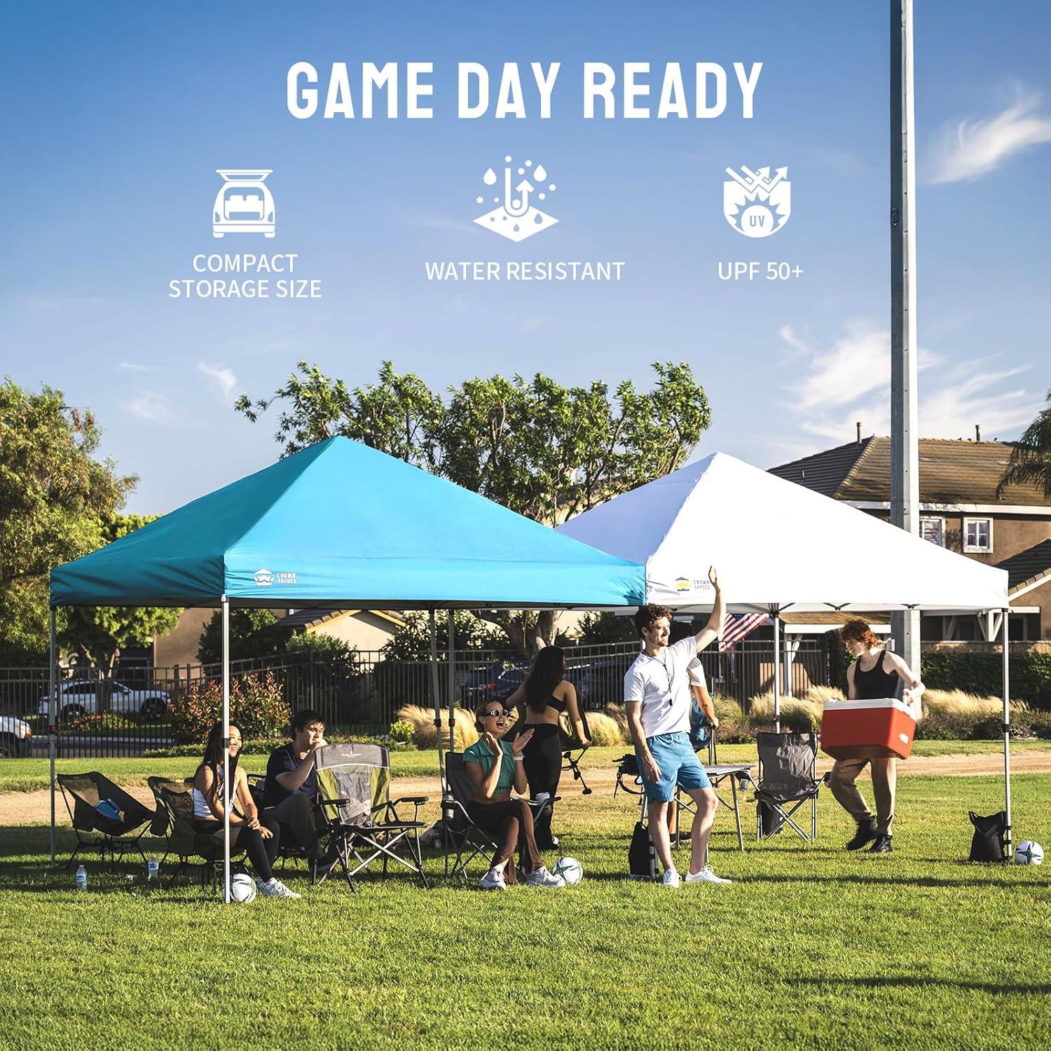 imageCROWN SHADES 10x10 Pop Up Canopy  Beach Tent with One Push Setup  Easy Outdoor Sun Shade for Events Parties Camping  Gazebo with STONGo Cover Bag Silver Coated Top Cyan Blue StripesSky Blue