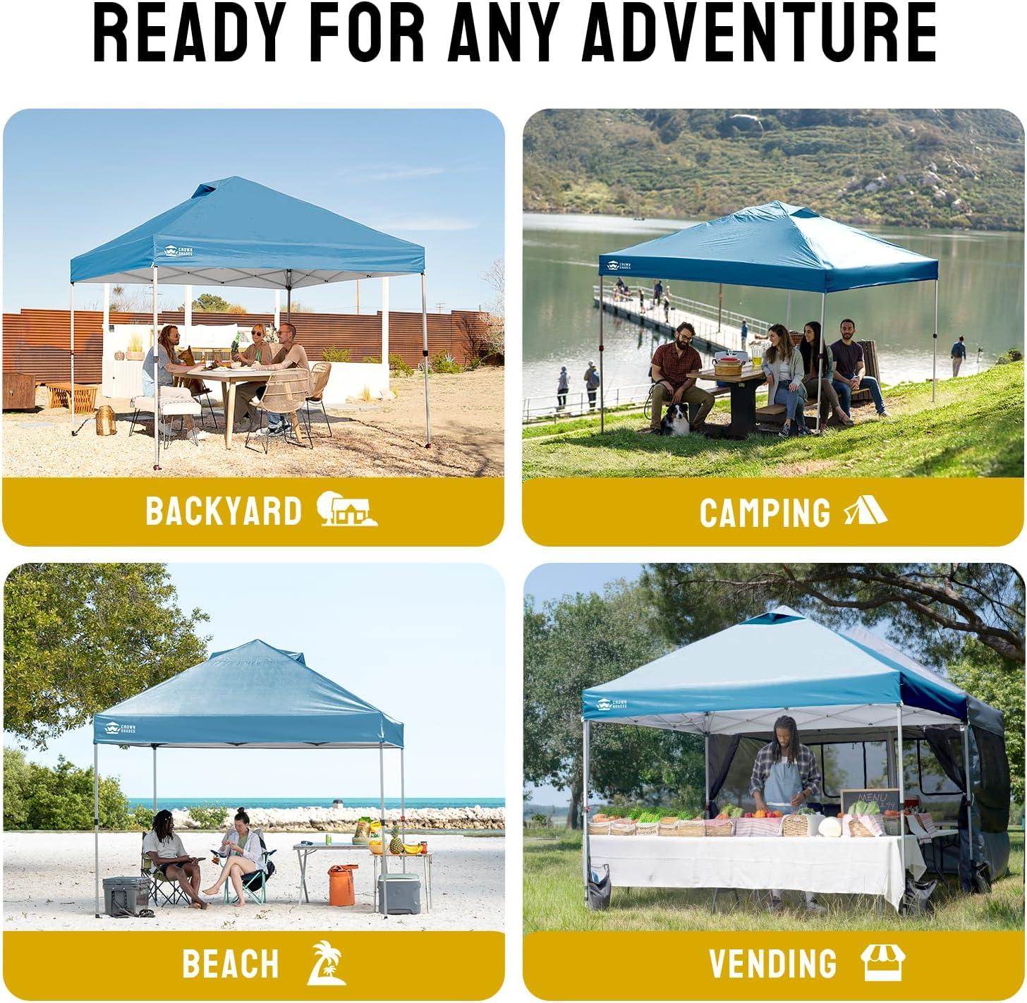 imageCROWN SHADES 10x10 Pop Up Canopy  Beach Tent with One Push Setup  Easy Outdoor Sun Shade for Events Parties Camping  Gazebo with STONGo Cover Bag Silver Coated Top Cyan Blue StripesCyan Blue