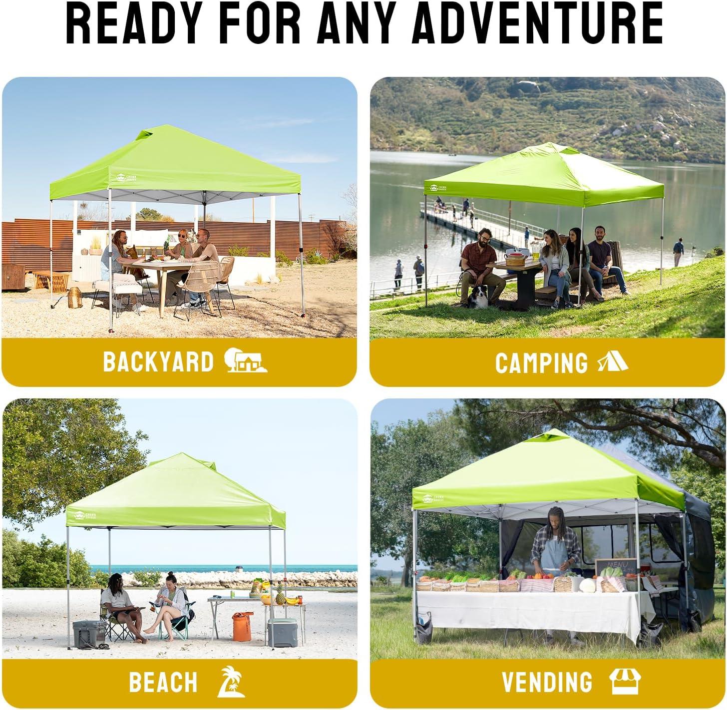 imageCROWN SHADES 10x10 Pop Up Canopy  Beach Tent with One Push Setup  Easy Outdoor Sun Shade for Events Parties Camping  Gazebo with STONGo Cover Bag Silver Coated Top Cyan Blue StripesGreen