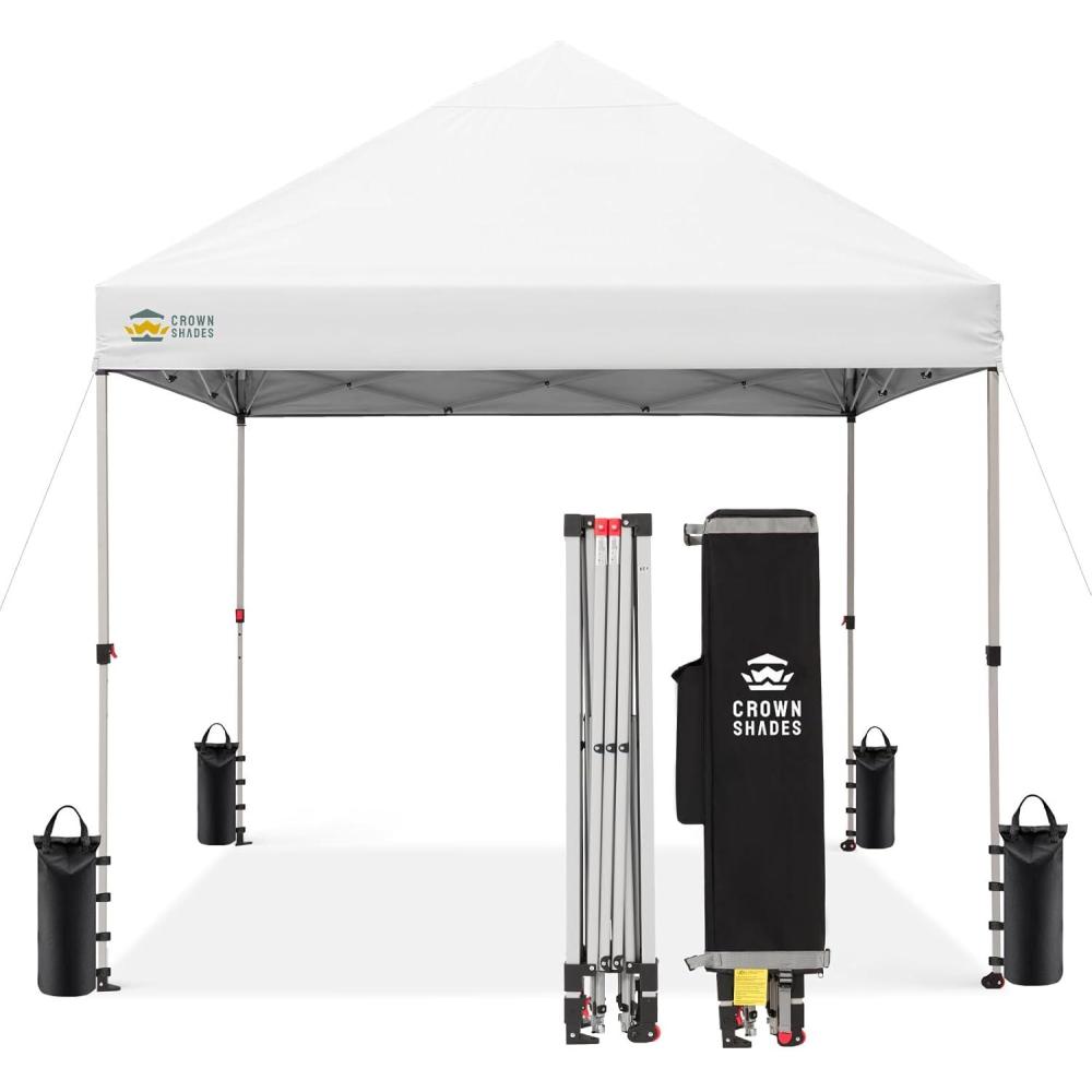 imageCROWN SHADES 10x10 Pop Up Canopy  Beach Tent with One Push Setup  Easy Outdoor Sun Shade for Events Parties Camping  Gazebo with STONGo Cover Bag Silver Coated Top Cyan Blue StripesGrid White