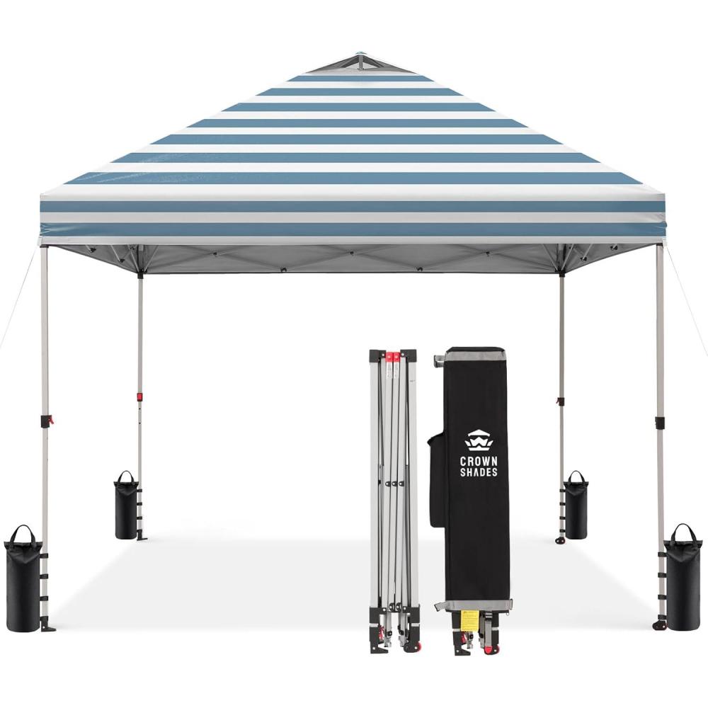 imageCROWN SHADES 10x10 Pop Up Canopy  Beach Tent with One Push Setup  Easy Outdoor Sun Shade for Events Parties Camping  Gazebo with STONGo Cover Bag Silver Coated Top Cyan Blue StripesCyan Blue Stripes