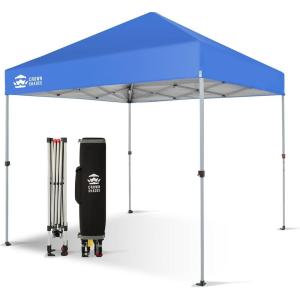 imageCROWN SHADES 10x10 Pop Up Canopy  Beach Tent with One Push Setup  Easy Outdoor Sun Shade for Events Parties Camping  Gazebo with STONGo Cover Bag Silver Coated Top Cyan Blue StripesBlue