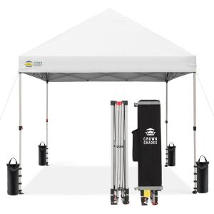 imageCROWN SHADES 10x10 Pop Up Canopy  Beach Tent with One Push Setup  Easy Outdoor Sun Shade for Events Parties Camping  Gazebo with STONGo Cover Bag Silver Coated Top Cyan Blue StripesGrid White