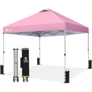 imageCROWN SHADES 10x10 Pop Up Canopy  Beach Tent with One Push Setup  Easy Outdoor Sun Shade for Events Parties Camping  Gazebo with STONGo Cover Bag Silver Coated Top Red StripsPink