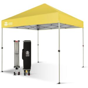 imageCROWN SHADES 10x10 Pop Up Canopy  Beach Tent with One Push Setup  Easy Outdoor Sun Shade for Events Parties Camping  Gazebo with STONGo Cover Bag Silver Coated Top Red StripsYellow