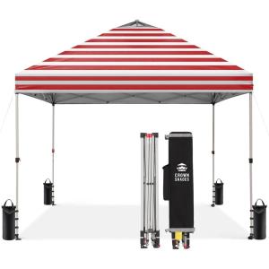 imageCROWN SHADES 10x10 Pop Up Canopy  Beach Tent with One Push Setup  Easy Outdoor Sun Shade for Events Parties Camping  Gazebo with STONGo Cover Bag Silver Coated Top Red StripsRed Stripes