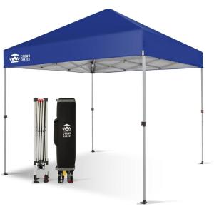 imageCROWN SHADES 10x10 Pop Up Canopy  Beach Tent with One Push Setup  Easy Outdoor Sun Shade for Events Parties Camping  Gazebo with STONGo Cover Bag Silver Coated Top Red StripsNavy Blue