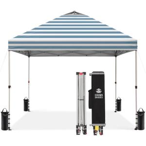 imageCROWN SHADES 10x10 Pop Up Canopy  Beach Tent with One Push Setup  Easy Outdoor Sun Shade for Events Parties Camping  Gazebo with STONGo Cover Bag Silver Coated Top Red StripsCyan Blue Stripes