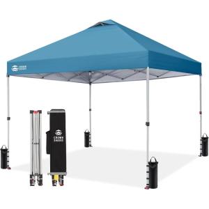 imageCROWN SHADES 10x10 Pop Up Canopy  Beach Tent with One Push Setup  Easy Outdoor Sun Shade for Events Parties Camping  Gazebo with STONGo Cover Bag Silver Coated Top Red StripsCyan Blue