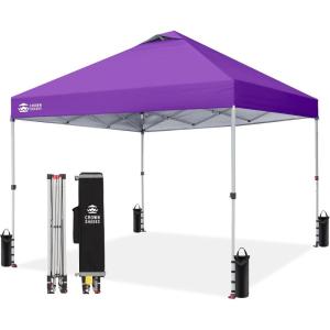imageCROWN SHADES 10x10 Pop Up Canopy  Beach Tent with One Push Setup  Easy Outdoor Sun Shade for Events Parties Camping  Gazebo with STONGo Cover Bag Silver Coated Top Red StripsPurple