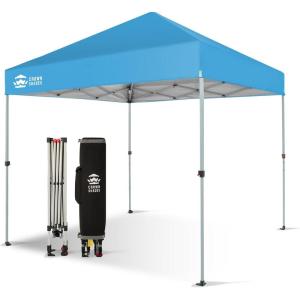imageCROWN SHADES 10x10 Pop Up Canopy  Beach Tent with One Push Setup  Easy Outdoor Sun Shade for Events Parties Camping  Gazebo with STONGo Cover Bag Silver Coated Top Red StripsSky Blue