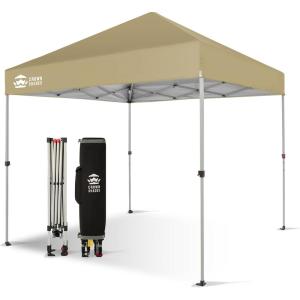 imageCROWN SHADES 10x10 Pop Up Canopy  Beach Tent with One Push Setup  Easy Outdoor Sun Shade for Events Parties Camping  Gazebo with STONGo Cover Bag Silver Coated Top Red StripsBeige